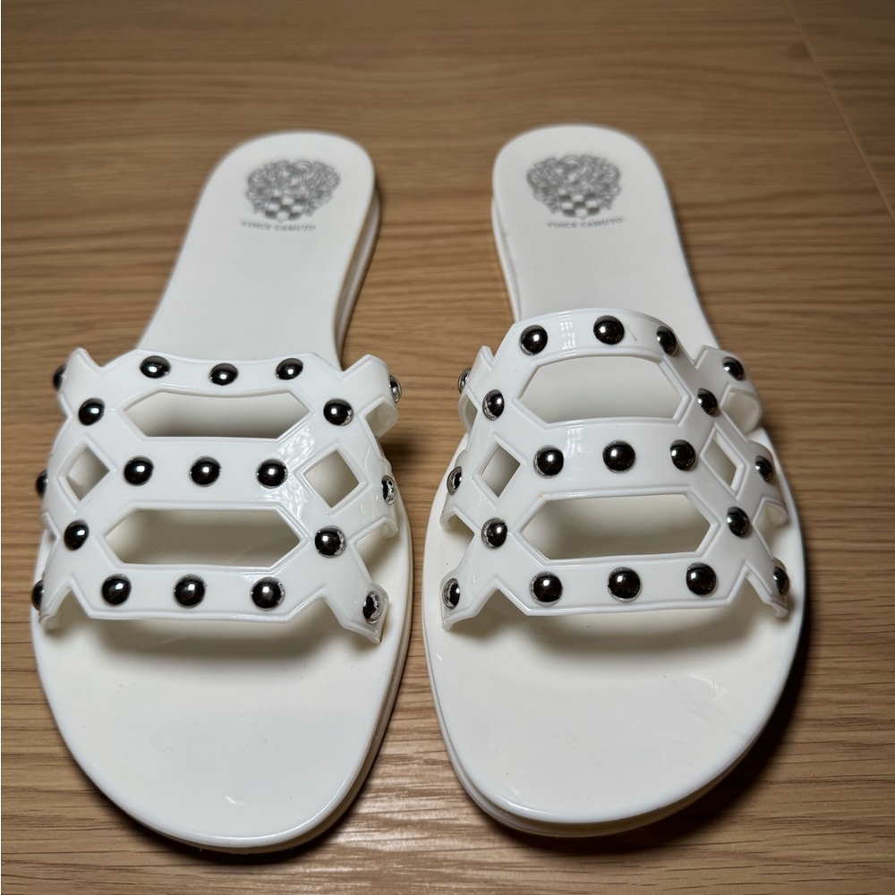 Vince Camuto White Slide Sandals with Polka Dot Straps - Picture 2 of 8